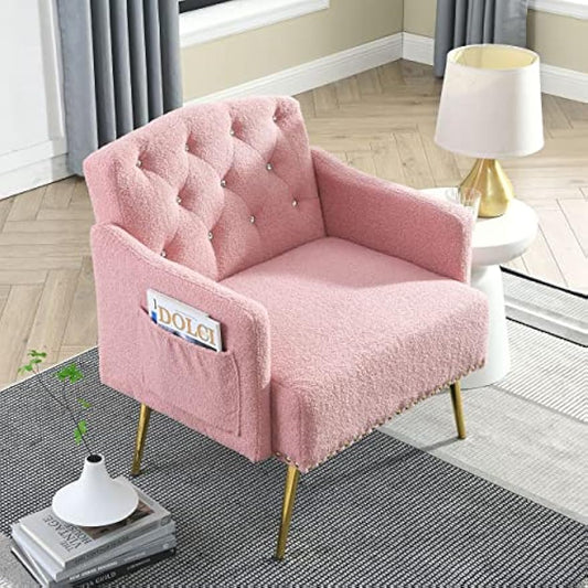 30 "W Modern Chesterfield Tufted Upholstered Chair with Deep Buttons, Living Room Chair, Comfortable Armchair, Gold Hardware Legs, Tufted Chair for Reading or Relaxing, Pink Teddy