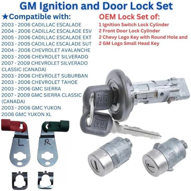 Set of 1 Ignition Switch Lock Cylinder and 2 Front Door Lock Replacements, Compatible with Chevy and Sierra. Includes 2 Chevy Logo Round Hole Keys and 2 GM Keys, All keyed Alike, OEM Set.