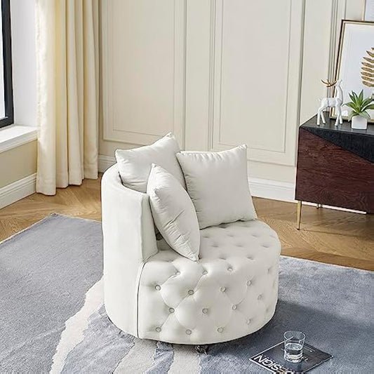 Velvet Upholstered Living Room Swivel Chair with Button Tufted Design and Movable Wheels,Home Office Rotary Sofa Chairs w/ 3 Pillows,for Bedroom,Apartment,Beige