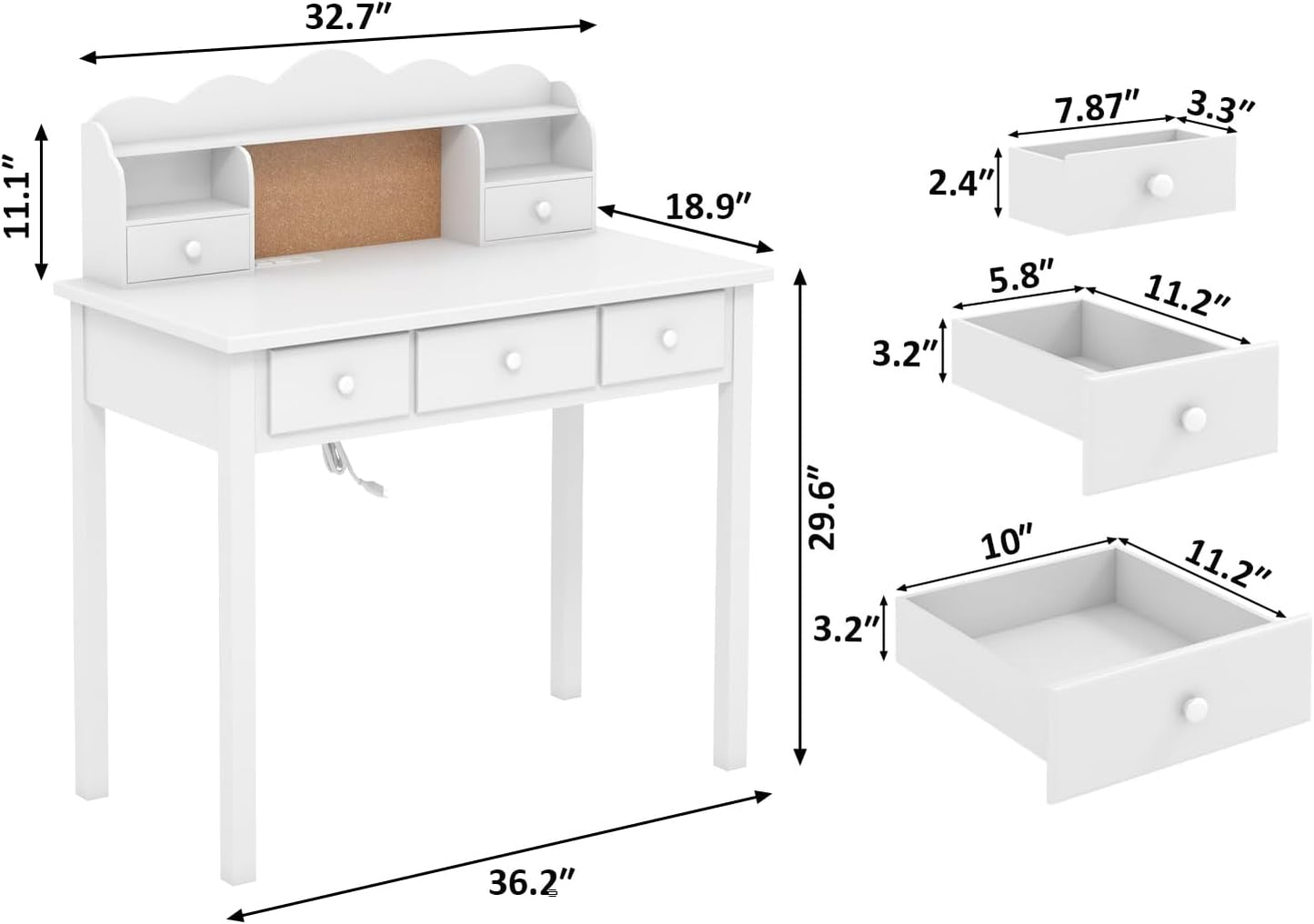 White Writing Desk with Hutch and Drawers, 36 Inch Home Office Desk with Charge Station, Computer Work Station with Storage Shelf