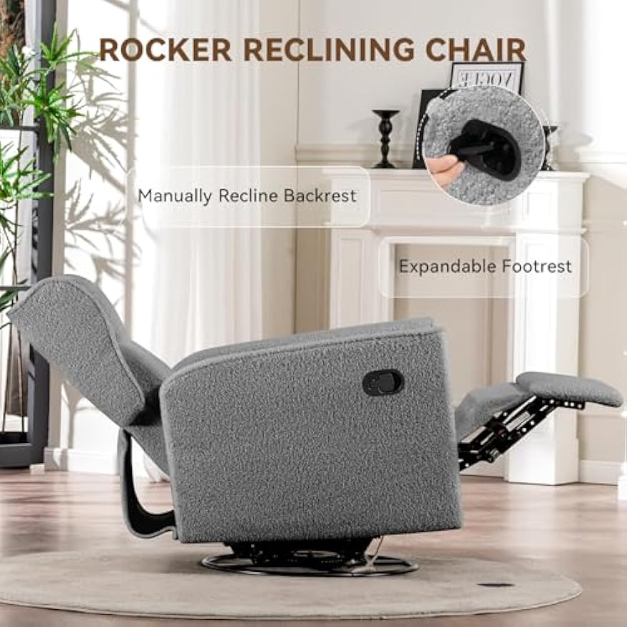 COMHOMA Nursery Rocking Chair Teddy Upholstered Swivel Rocker Recliner Manual Glider Reclining Chair for Living Room Bedroom Offices (Grey, 2 pcs)
