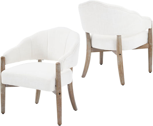 CIMOTA White Accent Chairs Set of 2 Farmhouse Fabric Barrel Chairs Linen Upholstered Armchairs with Wood Legs, 21.5" Wide Comfy Reading Chairs Side Sitting Chairs for Living Room/Bedroom/Makeup