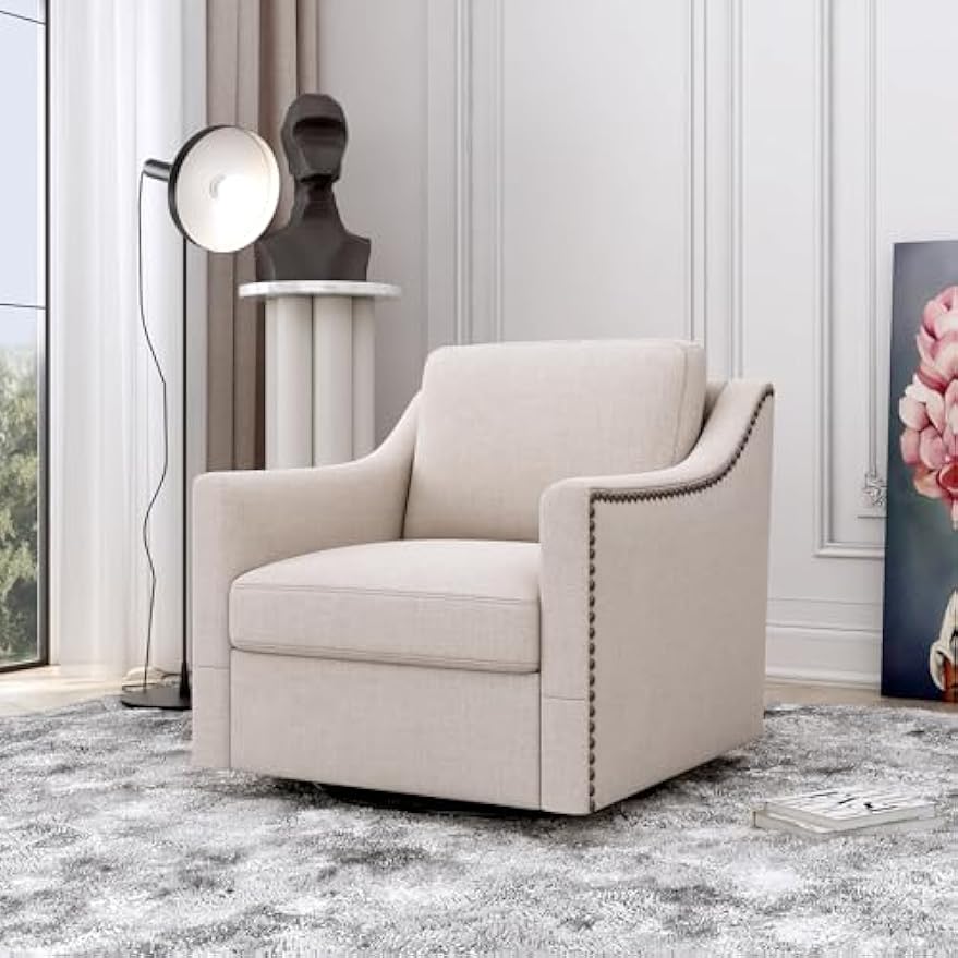 360 Degree Swivel Armchair Cotton Linen Skin-Friendly Fabric Ergonomic Design Brass Nail Decorative Armchair Living Room Chairs Bedroom Chairs Living Room Chairs Black Legs Suitable for Indoor Homes