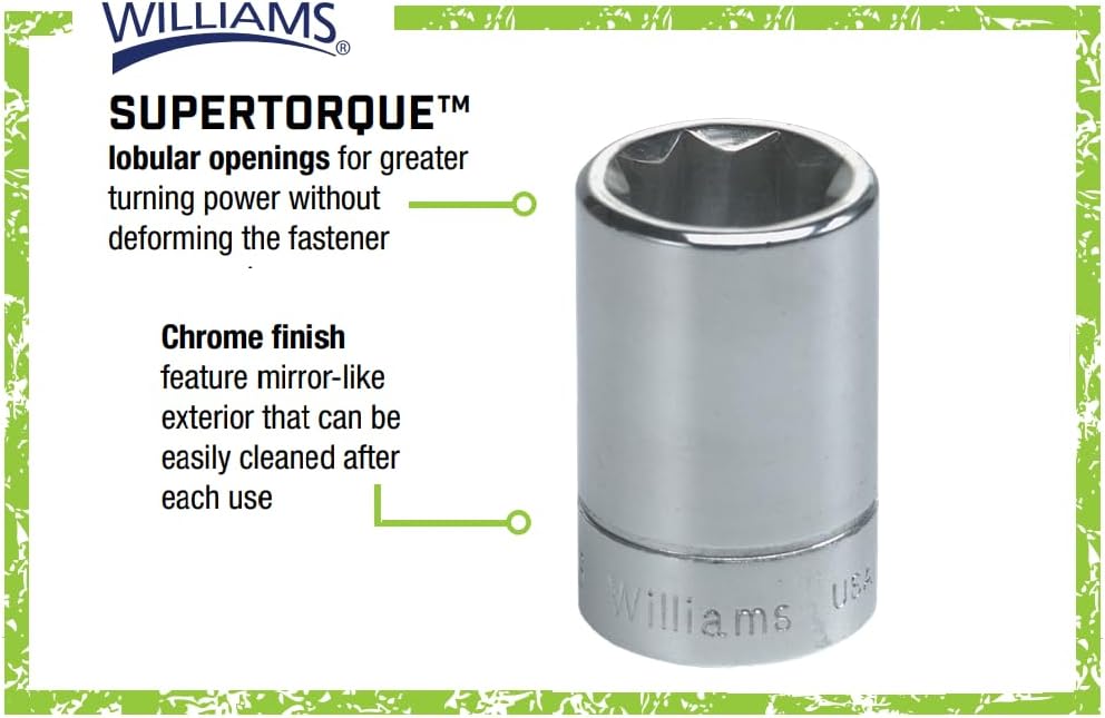 Williams JHWWSBD-7RC SuperTorque 7-Piece 3/8-Inch Drive 8 Point Socket Set Lobular Openings Chamfered Ends High Polish Chrome Finish