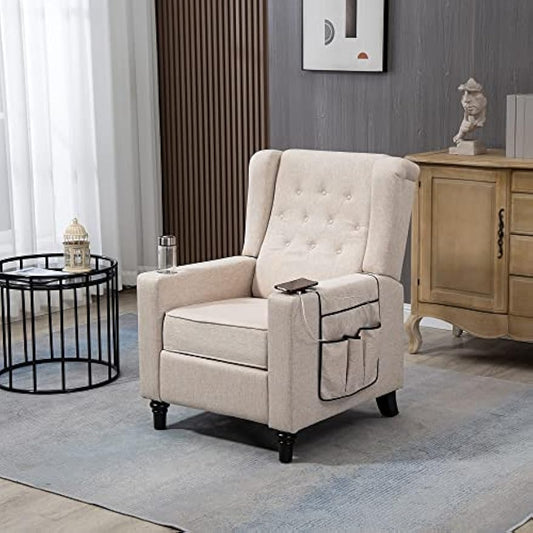 CHARMMA Arm Pushing Recliner Chair, Modern Button Tufted Wingback Push Back Recliner Chair, Living Room Chair Fabric Pushback Manual Single Reclining Sofa Home Theater Seating for Bedroom,Khaki Yelkow