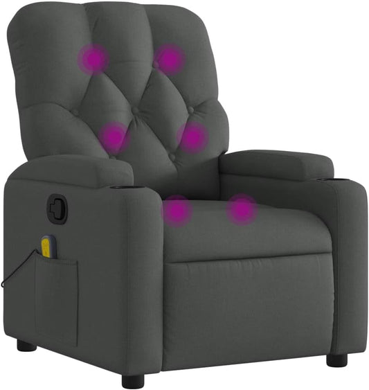 vidaXL Massage Recliner Chair - Dark Gray Fabric Lounger with 6-Point Vibration Massage, Manual Reclining Handle, Cup Holders and Side Pocket, Comfort Padded Seat for Living Room
