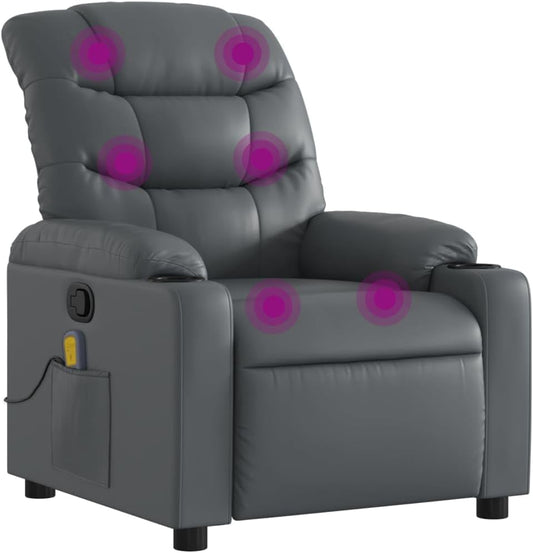 vidaXL Gray Faux Leather Massage Recliner Chair - Manual Reclining Lounge Seat with Cup Holders for Living Room Comfort