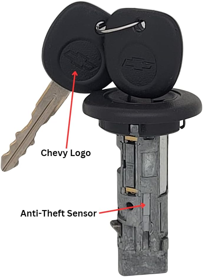Set of 1 Ignition Switch Lock Cylinder and 2 Front Door Lock Replacements, Compatible with Chevy and Sierra. Includes 2 Chevy Logo Round Hole Keys and 2 GM Keys, All keyed Alike, OEM Set.