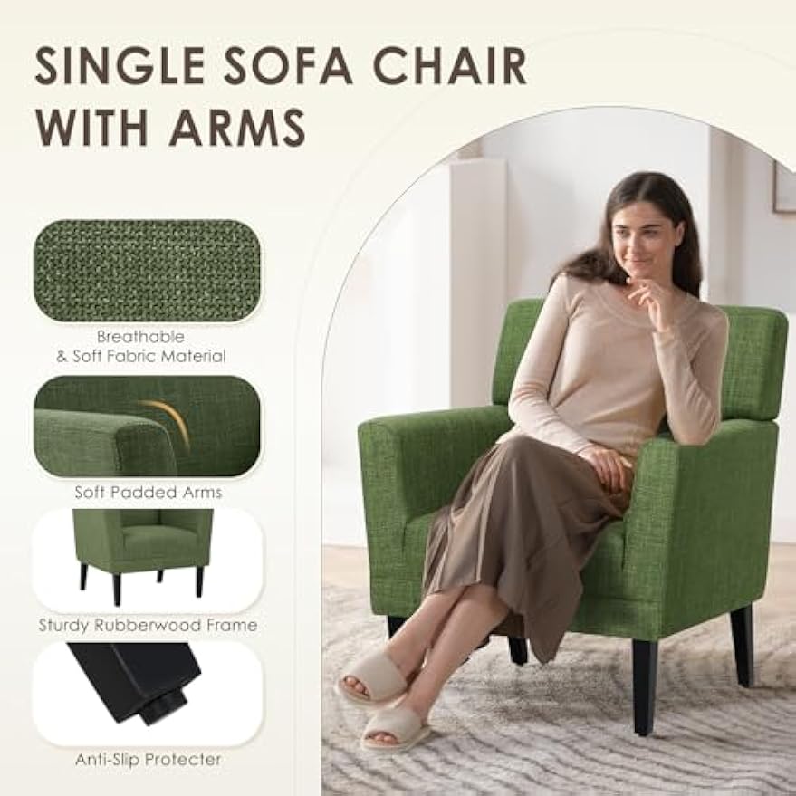 Upholstered Accent Chair Set of 2 for Living Room, Modern Fabric Accent Armchair with Back, Soft Single Sofa Chair with Arms for Bedroom/Office/Reception Room, Green