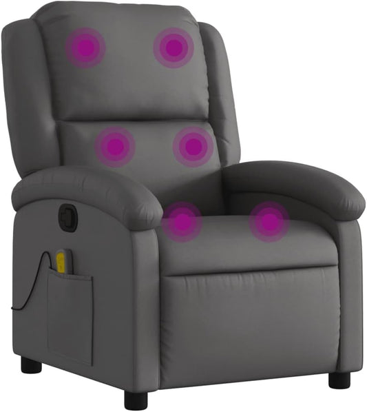 vidaXL Massage Recliner Chair for Elderly - Gray Real Leather, Manual Recline, Vibration Massage, Side Pocket, Sturdy Frame, Comfortable Armchair for Living Room/Bedroom