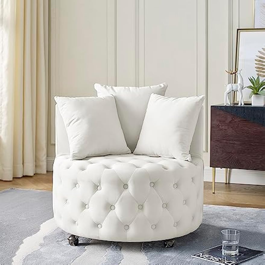 Velvet Upholstered Living Room Swivel Chair with Button Tufted Design and Movable Wheels,Home Office Rotary Sofa Chairs w/ 3 Pillows,for Bedroom,Apartment,Beige