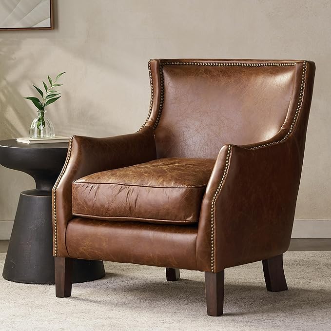 Christopher Knight Home Padon Mid-Century Modern Top-Grain Leather Accent Chair with Cushion, Modern Wingback Living Room Club Chair, Wooden Bedroom Comfy Reading Chair, Brown