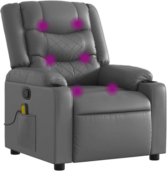 vidaXL Ergonomic Massage Recliner Chair-Adjustable Faux Leather Armchair w/Vibration, Manual Recline, Cup Holders for Living Room/Lounge-Gray