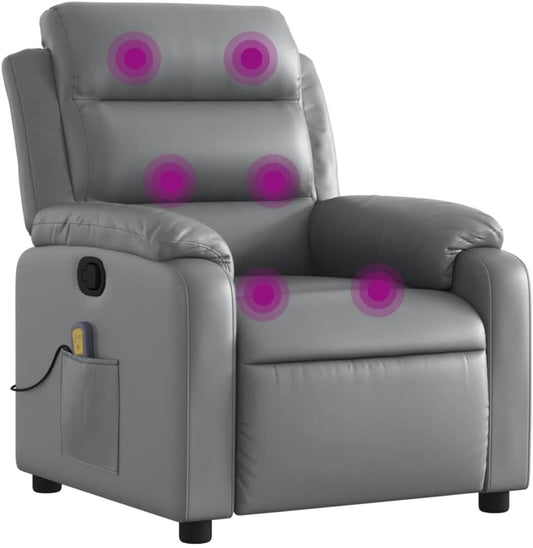 vidaXL Massage Recliner Chair with 6-Point Vibration Massage and Convenient Side Pocket, Grey Leather Rocker, Adjustable Backrest & Footrest Lounge Seat for Living Room, USB Charge Port