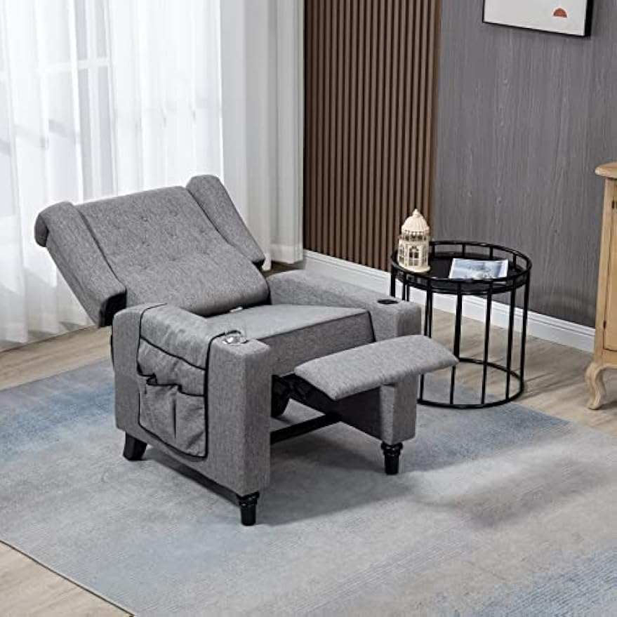 CHARMMA Arm Pushing Recliner Chair,Modern Button Tufted Wingback Push Back Recliner Chair,Living Room Chair Fabric Pushback Manual Single Reclining Sofa Home Theater Seating for Bedroom,Dark Gray-142