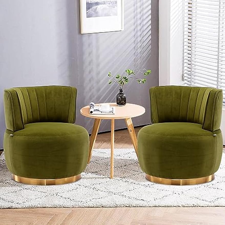 TTK Swivel Barrel Chairs for Living Room Set of 2, 360 Degree Comfy Modern Round Chair Velvet Gold Accent Upholstered Armchair Arm Chair Sherpa for Bedroom Club Office Nursery Silla para Sala(Olive)