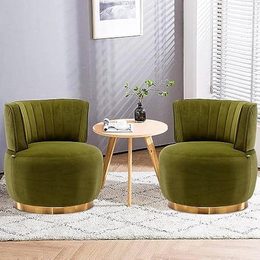 TTK Swivel Barrel Chairs for Living Room Set of 2, 360 Degree Comfy Modern Round Chair Velvet Gold Accent Upholstered Armchair Arm Chair Sherpa for Bedroom Club Office Nursery Silla para Sala(Olive)