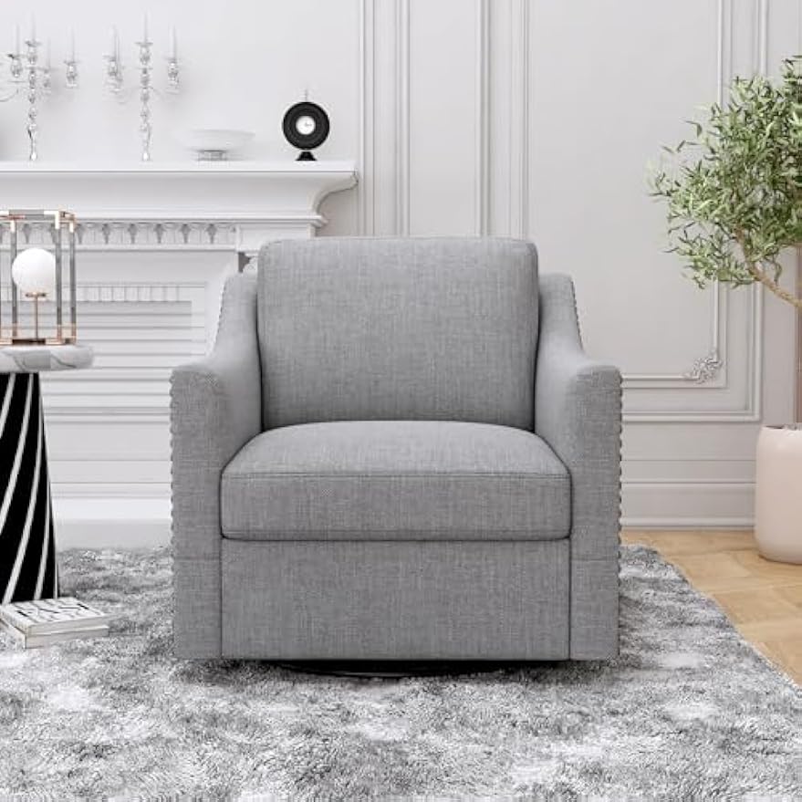 360 Degree Swivel Armchair Cotton Linen Skin-Friendly Fabric Ergonomic Design Brass Nail Decorative Armchair Living Room Chairs Bedroom Chairs Living Room Chairs Black Legs Suitable for Indoor Homes
