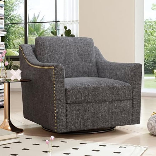 360 Degree Swivel Armchair Cotton Linen Skin-Friendly Fabric Ergonomic Design Brass Nail Decorative Armchair Living Room Chairs Bedroom Chairs Living Room Chairs Black Legs Suitable for Indoor Homes