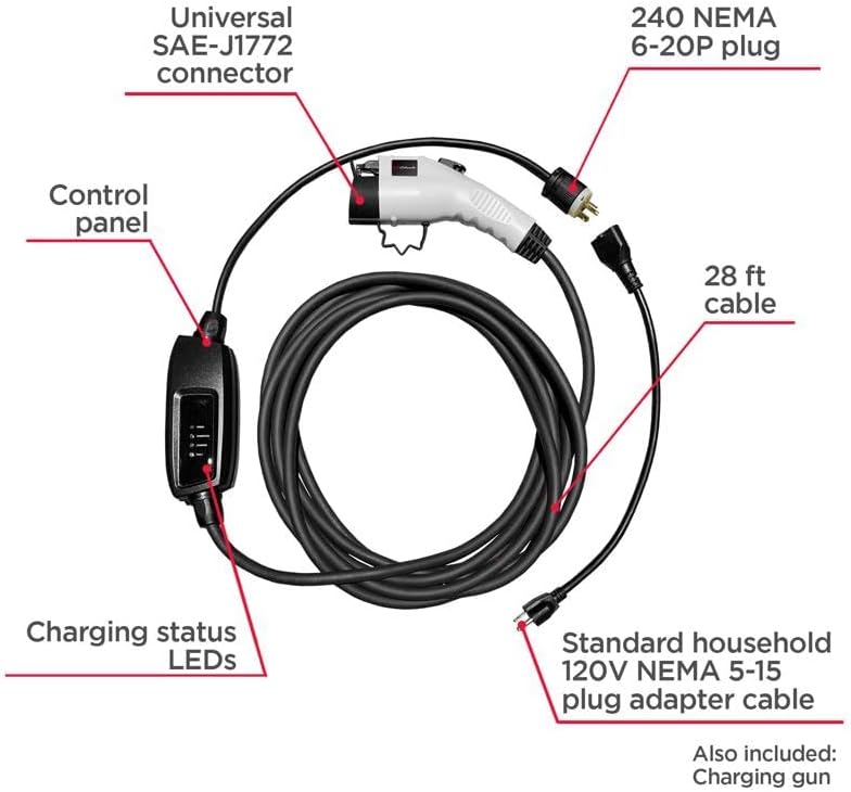 Schumacher Electric SC1455 Level 2 Portable EV Charger - up to 16A, Works with 120V or 240V Outlets, 28-Foot Charging Cable, Charges EVs 3X Faster