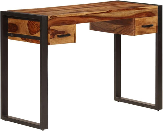 vidaXL Solid Wood Desk - Industrial Style Writing Desk with 2 Drawers, Durable Steel Frame, Multifunctional Home Office Furniture, 43.3"x19.7"x30.3"