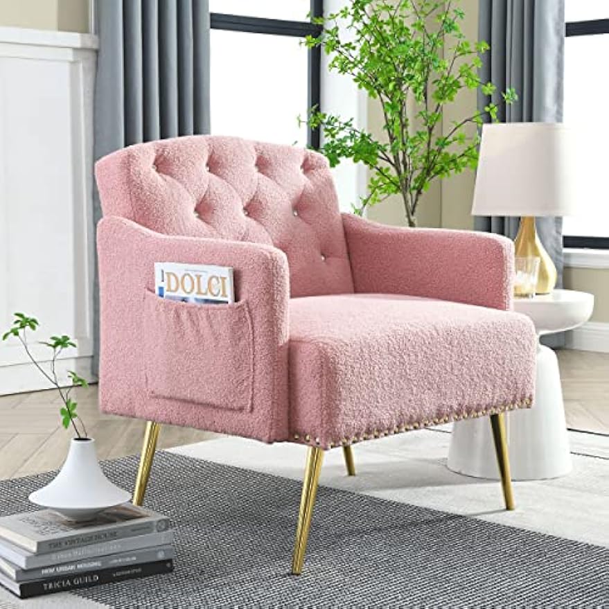 30 "W Modern Chesterfield Tufted Upholstered Chair with Deep Buttons, Living Room Chair, Comfortable Armchair, Gold Hardware Legs, Tufted Chair for Reading or Relaxing, Pink Teddy