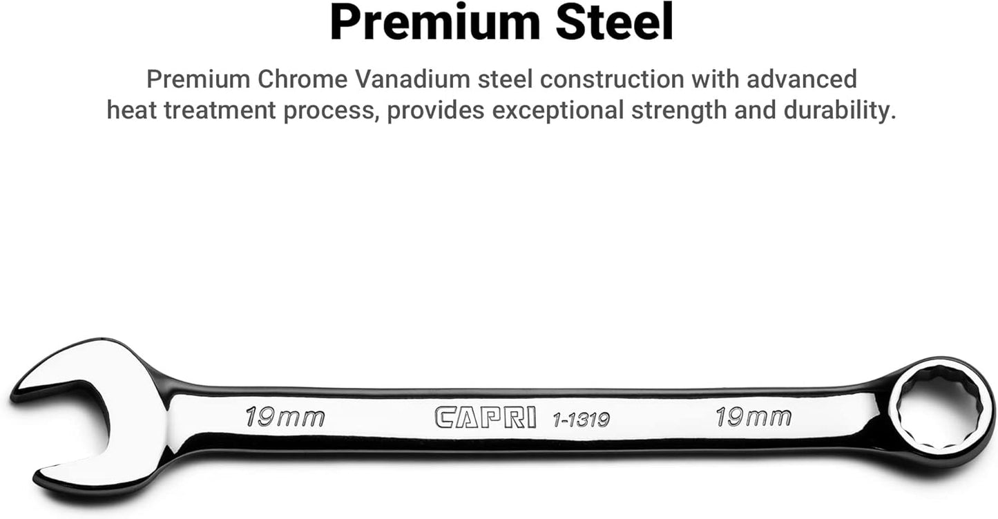 Capri Tools MaxChrome Combination Wrench Set, 6 to 24 mm, 19-Piece with Heavy-Duty Canvas Pouch