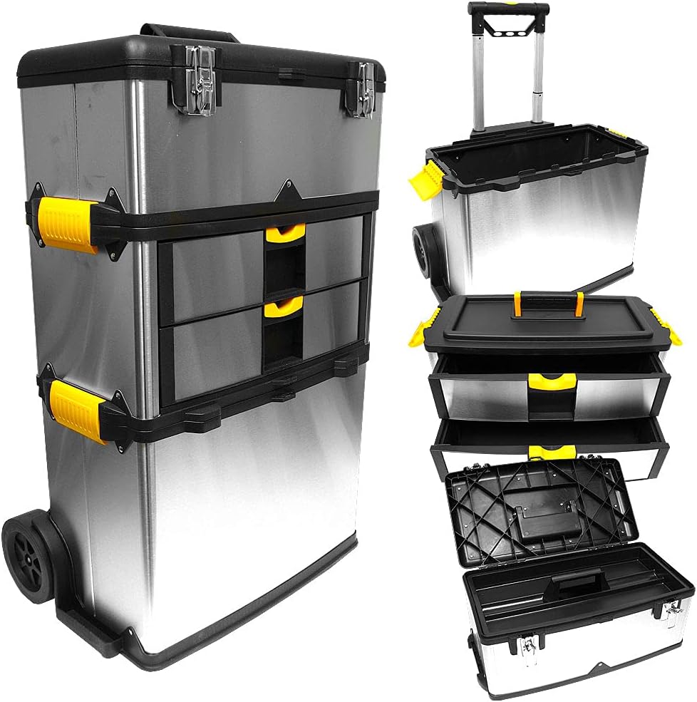 3-Part Portable Tool Box - Stainless-Steel Drawer Organizer with Wheels, Extendable Handle and Tough Latches - Rolling Tool Chest by Stalwart (Silver)