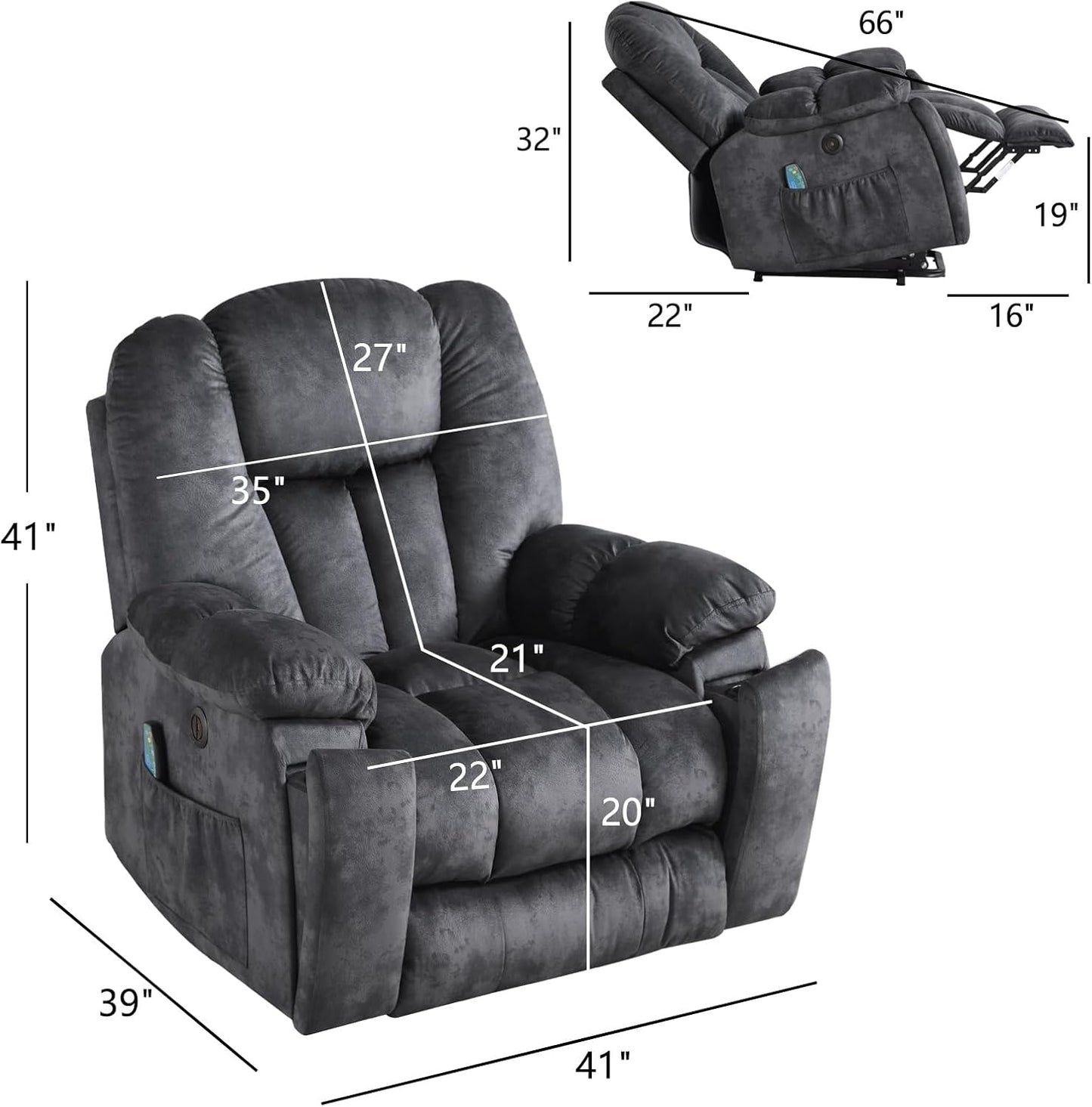 CANMOV Large Power Lift Recliner Chair with Massage, Heat, and USB for Elderly, Overstuffed Wide Recliners, Heavy Duty and Safety Motion Reclining Mechanism, Gray