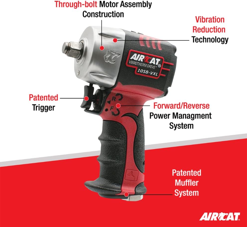 AIRCAT Pneumatic Tools 1058-VXL 1/2-Inch Vibrotherm Drive Composite Compact Impact Wrench 750 ft-lbs of Torque