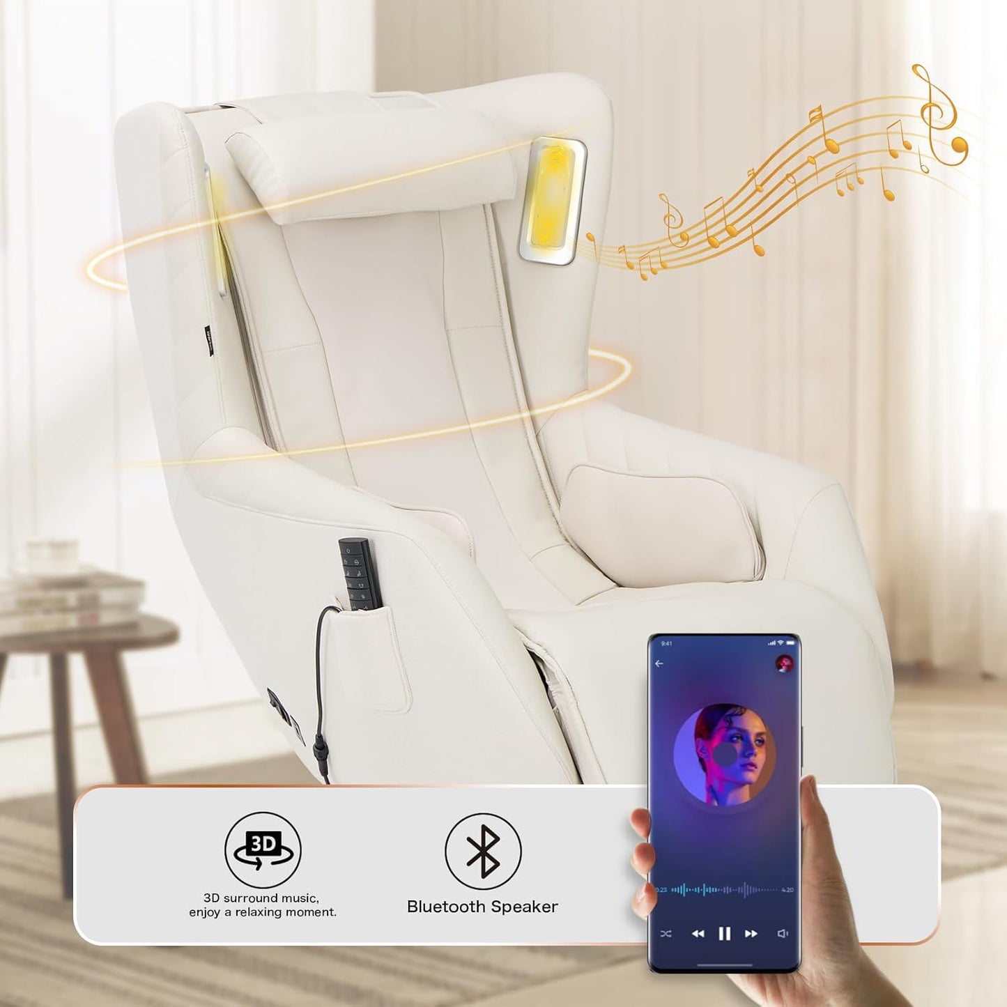 COLAMY Zero-Gravity Massage Chair | Massage and Leisure Dual-Use Chair,360° Swivel,Heat, Low-Noise 3D Bluetooth Speaker,Living Room, Bedroom（White