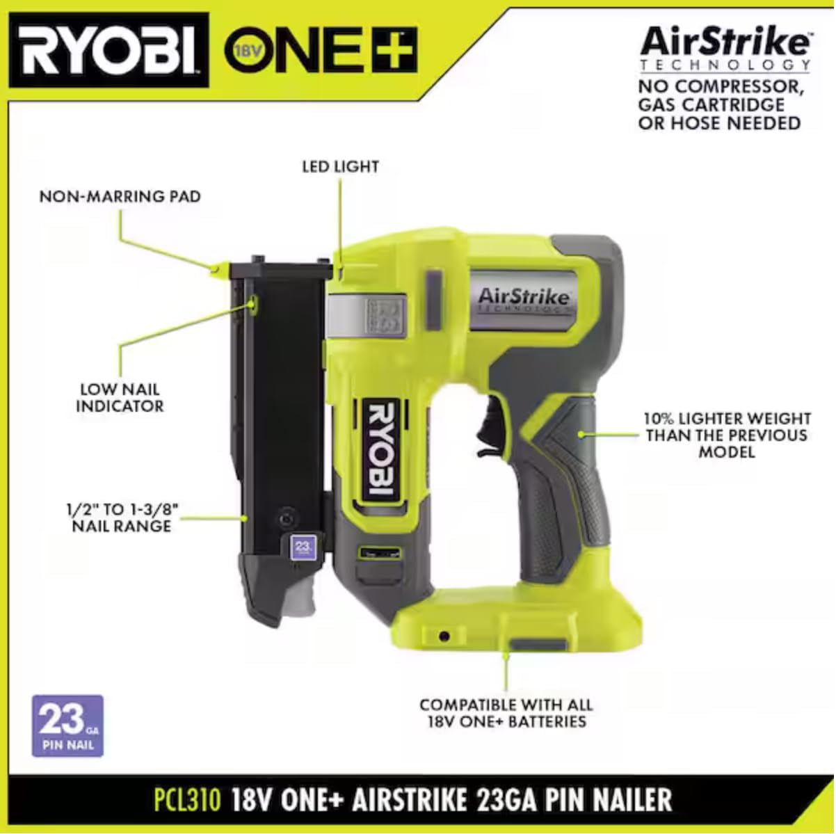 RYOBI ONE+ 18V Cordless Airstrike 23-Gauge Pin Nailer (Tool Only)