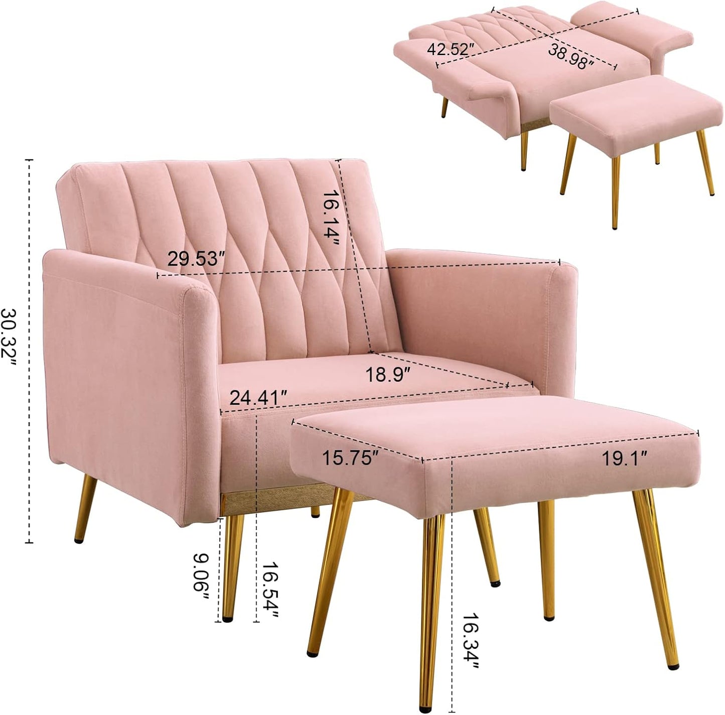 Velvet Accent Chair with Ottoman Modern Upholstered Tufted Armchair, Comfy Single Sofa Chair with Golden Metal Legs and Adjustable Arms for Living Room Bedroom Reading Room Office Pink