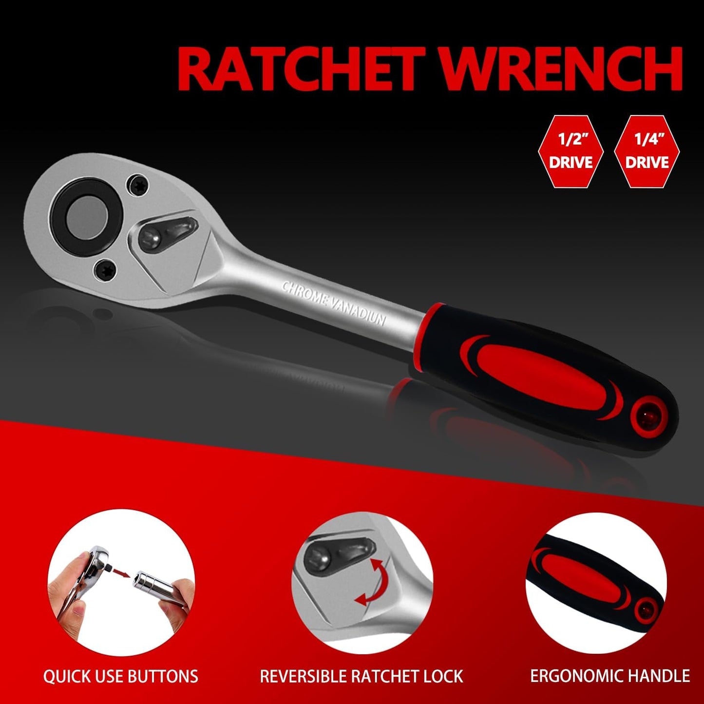 XHTT 94 Piece Tools For Mechanics,Metric And Standard 1/4,1/2 Socket Set,And Ratchet Set,Universal Joint,Extension Bars And Quick Release Reversible Ratchet Wrench,Plastic Toolbox Storage.
