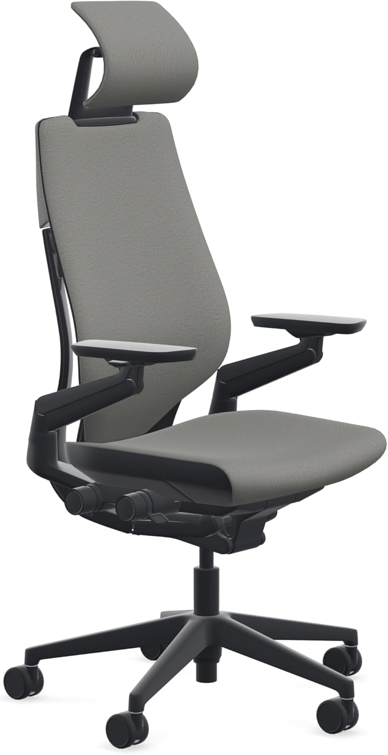 Steelcase Gesture Office Chair with Head Rest - Ergonomic Work Chair with Wheels for Hard Flooring - Comfortable Office Chair - Intuitive-to-Adjust Chairs for Desk - 360-Degree Arms - Licorice Fabric
