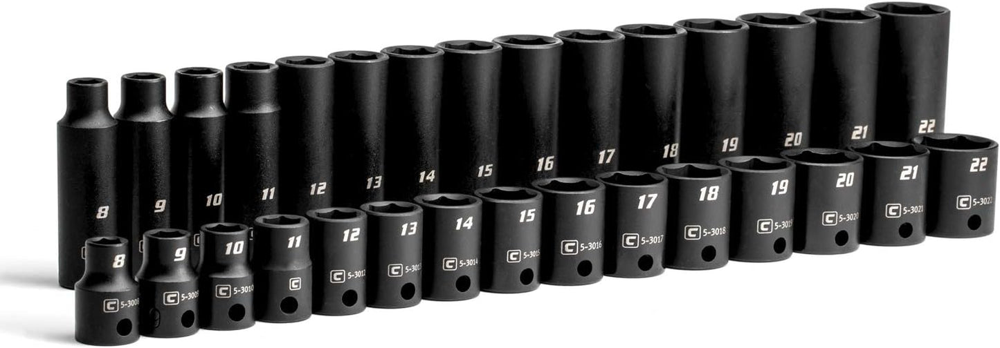 Capri Tools 3/8-Inch Drive Shallow and Deep Impact Socket Set, Metric, 8 to 22 mm, Premium Chrome Molybdenum Steel, 30-Piece