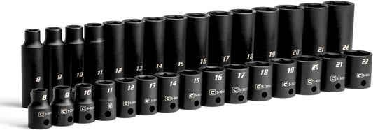 Capri Tools 3/8-Inch Drive Shallow and Deep Impact Socket Set, Metric, 8 to 22 mm, Premium Chrome Molybdenum Steel, 30-Piece