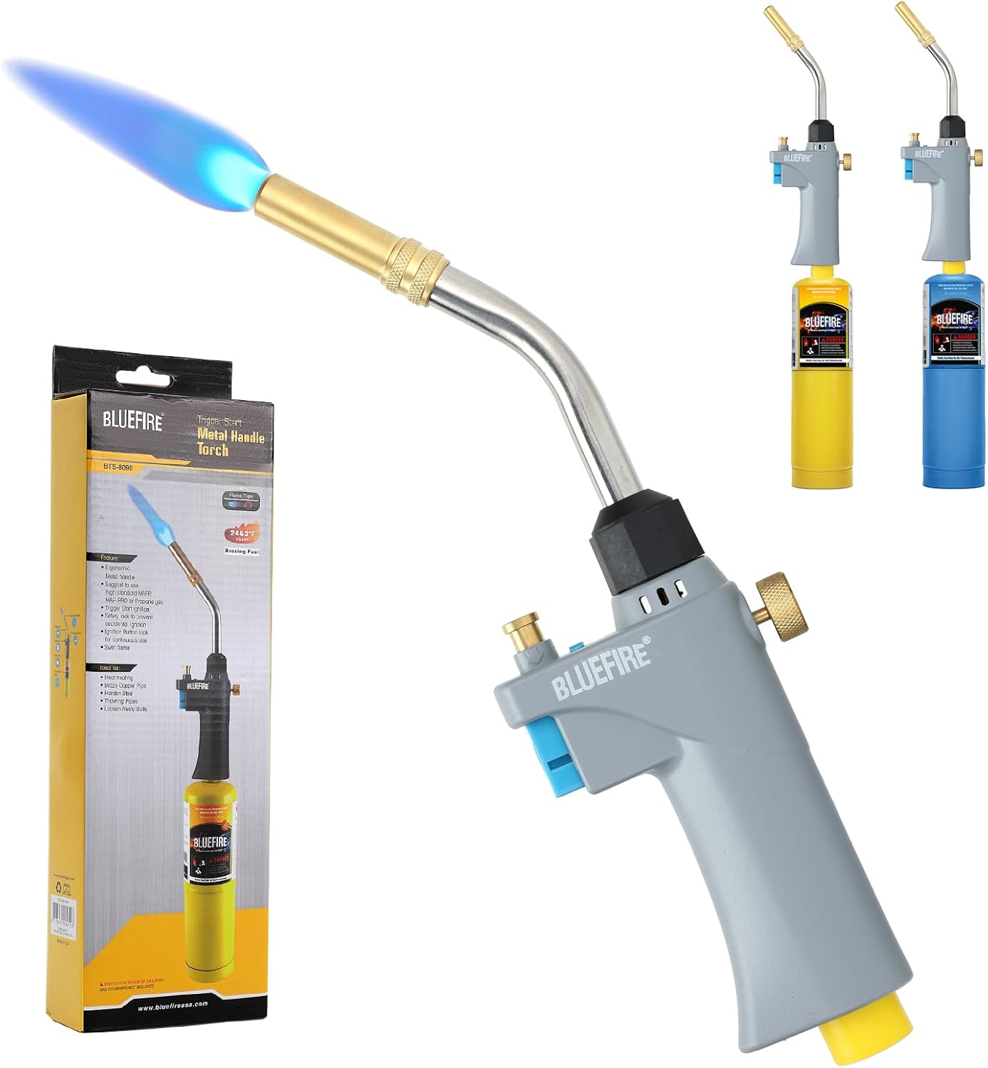 BLUEFIRE BTS-8090 Propane Torch Trigger Start Heavy Duty Gas Welding Head Adjustable Swirl Flame Hand Blow Torch Hold Portable Fuel by MAPP/MAP Pro/Propane Bottle Tank (Torch with MAPP Cylinder)