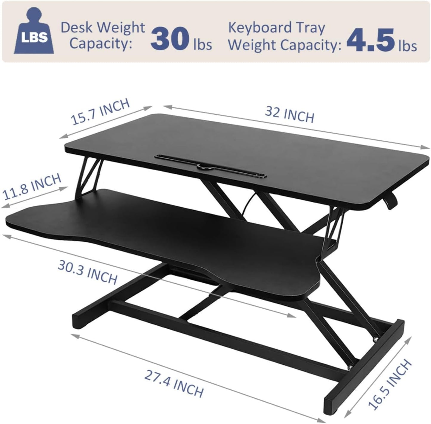 32 Inch Home Office Desk Converter Height Adjustable Sit to Stand Riser, Dual Monitor Laptop Workstation with Wide Keyboard Tray (Black)