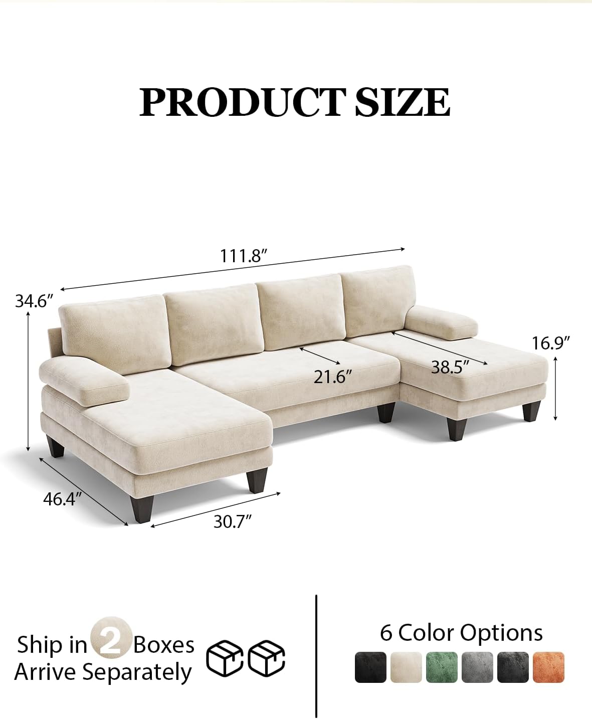 U-Shaped Sectional Couches for Living Room | 112 Inch Sectionals Couch | Beige Cheille Sofa with Double Chaise for Apartment