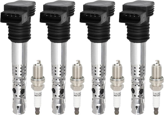 SCITOO ignition coils 4+Spark Plugs 4 4pcs Replacement for P-assat 1.8L 2001-2005,for J-etta 1.8L 2001 2002 2003 2004 2005,for A-udi A4 1.8L 2001-2007 Replace UF411 UF-437, UF-580, CO044