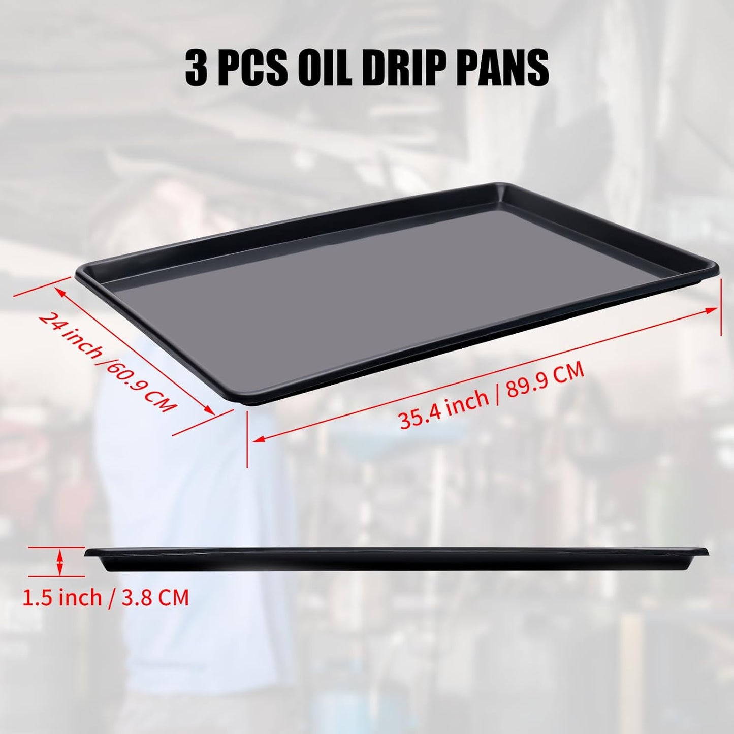 3 Pcs Extra Large Oil Drip Pan for Car - 35.4 x 24 x 1.5 Inches Plastic Auto Oil Catch Tray with 2 Pairs of Gloves, Engine Oil Spill Catcher for Garage, Leak Prevention & Easy Storage