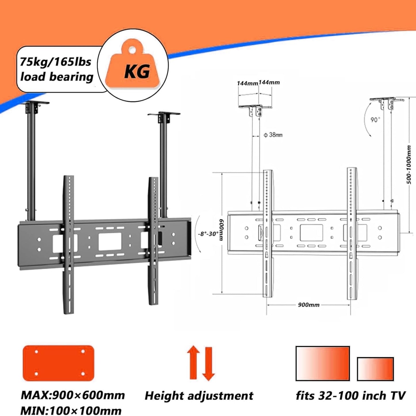 Ceiling TV Stand - Tv Wall Mount,for 32-100 Inches Tv Double Pole Large LED Screens Stand,Telescoping TV Lift,Adjustable Height Wall TV Mount Bracket,Three Installation M