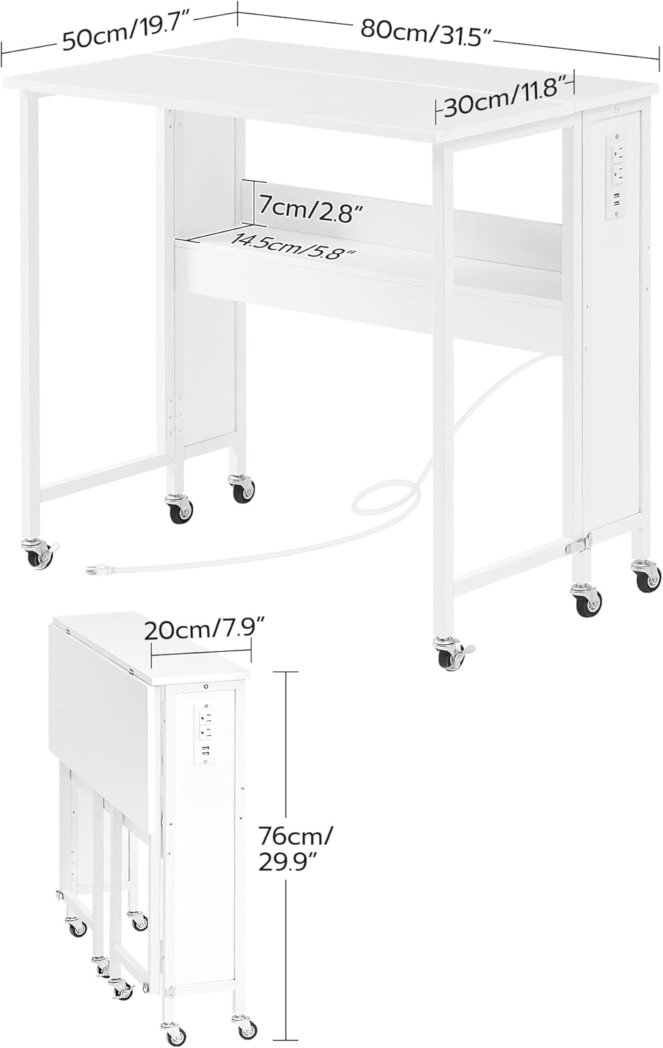 31.5" Modern White Folding Computer Desk with Power Outlets, Wheels, Storage, Perfect for Small Spaces White TDN01UWB