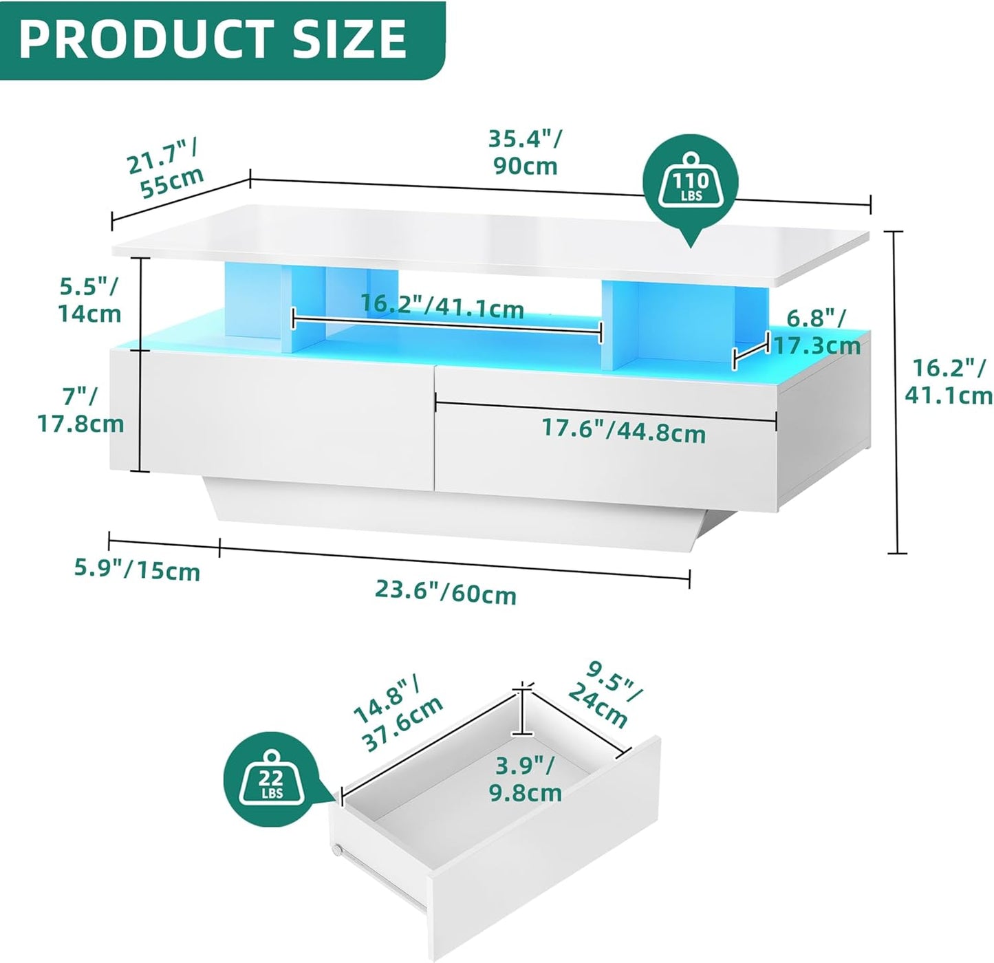YITAHOME LED Coffee Tables for Living Room, High Glossy Coffee Table with Storage 4 Sliding Drawers, Small Rectangular LED Coffee Table Center Table with Open Display Shelf, Glossy White