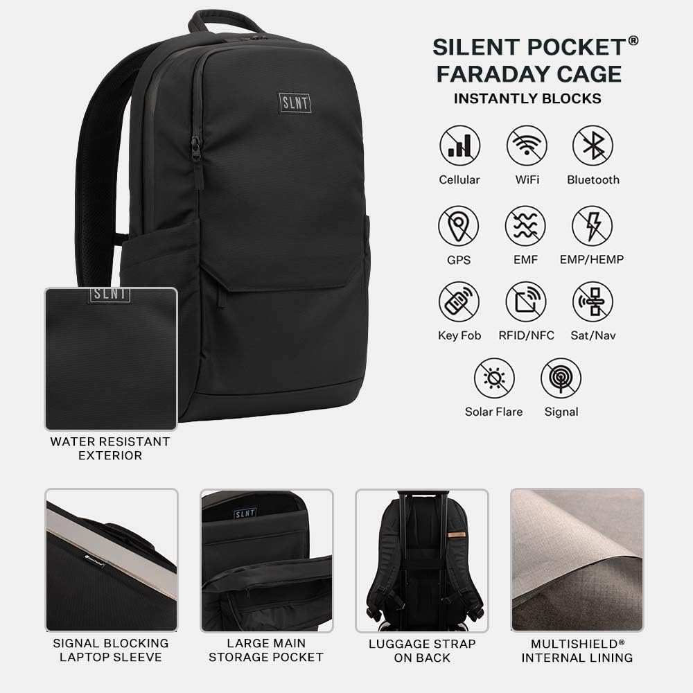 Silent Pocket Essentials Backpack with SLNT Faraday Laptop Sleeve - Signal Blocking, Protects Data & Devices Against Identity Theft - Great for Work, Travel, Hiking, Daily Commute