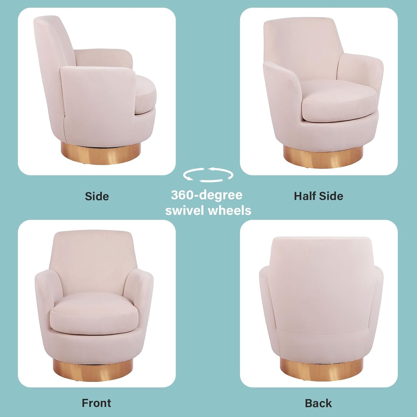360° Swivel Barrel Chair Set of 2, 28.3" W Comfy Velvet Swivel Accent Chairs, Modern Round Single Accent Chair with Gold Metal Base for Living Room, Bedroom, Office (Beige*2)