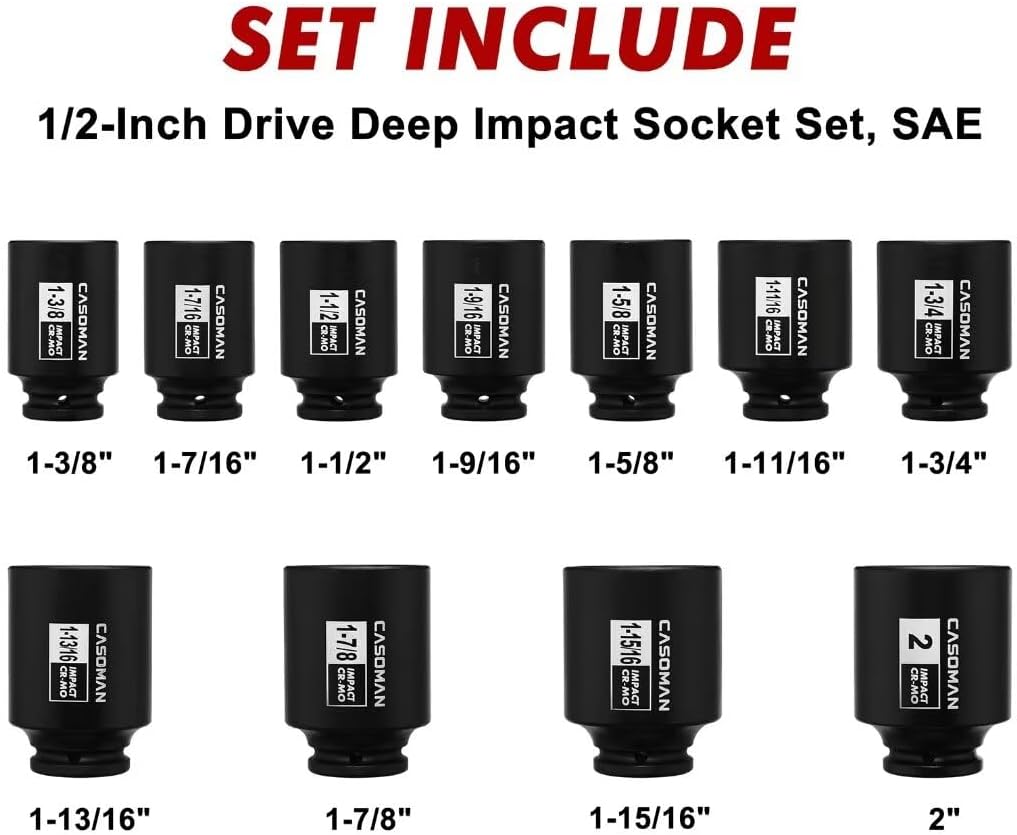 CASOMAN 11PCS 1/2-Inch Drive Large Impact Socket Set, 6 Point, 1-3/8-Inch to 2-Inch, SAE Spindle Axle Nut Impact Socket Set, CR-MO