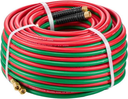 VEVOR Oxygen Acetylene Hose, 1/4-Inch x 100FT Oxy Acetylene Hose with 9/16"-18 B Fitting, 300PSI T Grade Welding Cutting Torch Twin Hose, Compatible with Oxygen, Acetylene,Propane and Other Fuel Gases