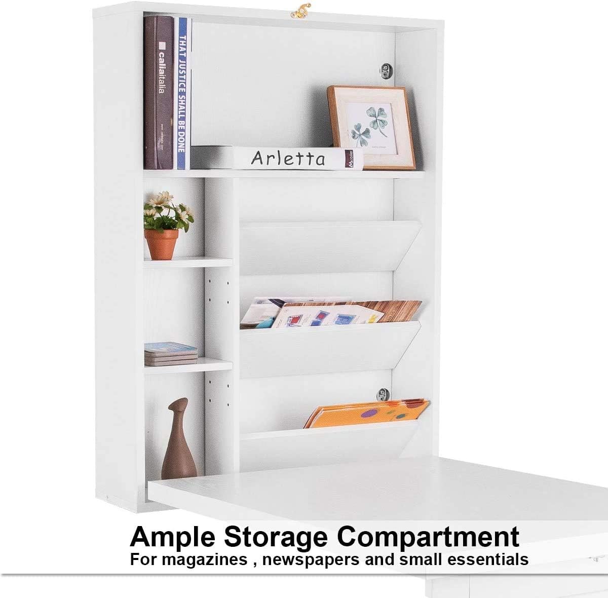 ARLIME Wall Mounted Table, Classified Storage Desk, Foldable Multiple-purpose Table, Work Station with Storage Shelves, Floating Convertible Cabinet, for Apartment, Home Office Desks (White)